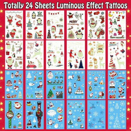 Leesgel Christmas Decorations for Kids, 24 Sheets Glow Temporary Tattoos for Children Christmas Stocking Fillers, Christmas Stickers Eve Box Fillers Toys for Xmas Party Games Supplies Favours