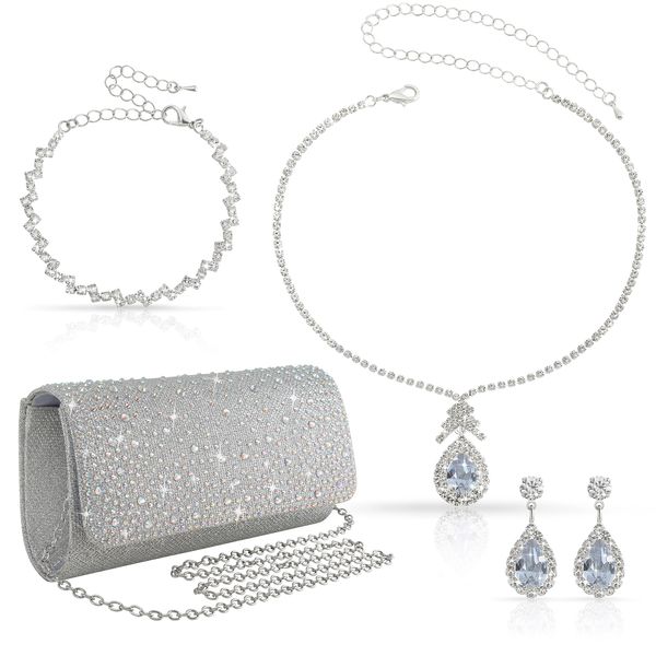 4Pcs Silver Clutch Formal Purse Bag Jewelry Set for Women Evening Handbags Bling Rhinestone Necklace Earrings Bracelet Clutches Set for Women(Bling Style)