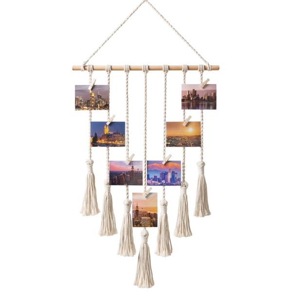 Mkono Hanging Photo Display Boho Macrame Teen Girl Women Room Decor, Pictures Cards Holder Wall Art for Bedroom Livingroom Dorm Home Birthday Gift, with 25 Wood Clips, 27" L x 16.5''W