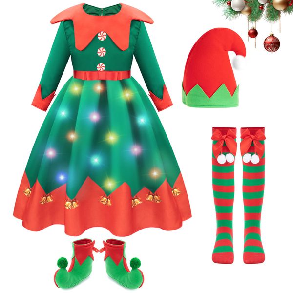 Meland Elf Costume for Kids, Light Up Christmas Costumes for Kids Girls with Christmas Shoe Covers Elf Outfit for Kids 4-12