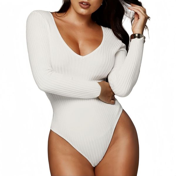 WinsGreat Women's Bodysuit, Long Sleeve, V Neck, Rib Knit Leotard, Top, Jumpsuit, Body Shaper, Innerwear, Slimming, Stretchy, Breathable, Breasts, Spring, Autumn and Winter, white