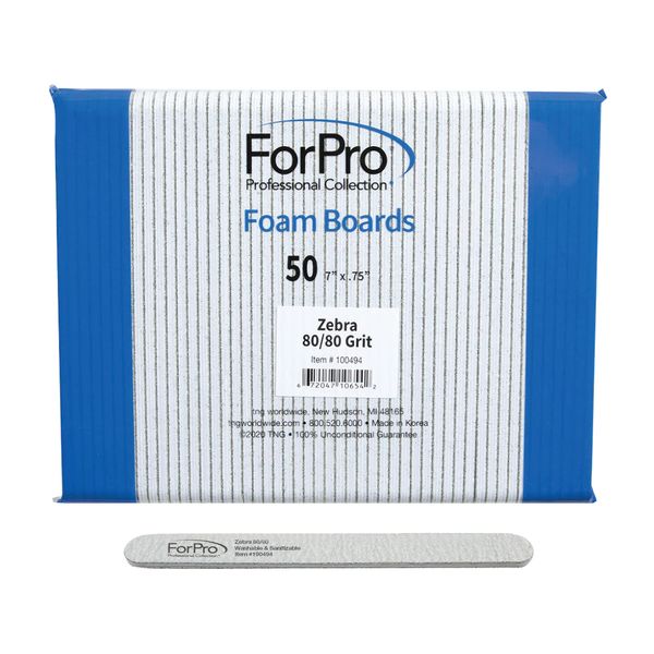 ForPro Professional Collection ForPro Zebra Foam Board, 80/80 Grit, Double-Sided Manicure Nail File, 7 inches L x .75 inches W, Black, 50 Count