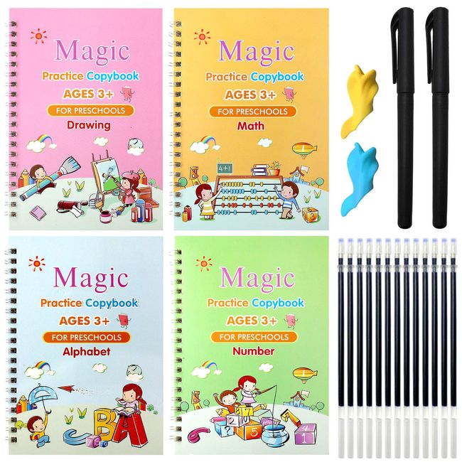 4 PCS Reusable Grooved Handwriting Workbooks for Kids, Preschool Magic Grooved Practice Copybook, Groove Writing Practice Book Ages 3-5, 6-7 Children