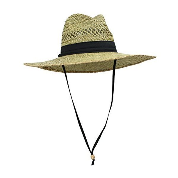 SUN & FUN Men's Straw Outback Lifeguard Sun Hat with Wide Brim, Natural/ Black, One Size / Adjustable