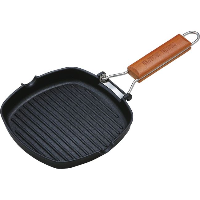 Taniguchi Metal Grill Pan, 7.9 x 7.9 inches (20 x 20 cm), Induction Compatible, Fluorine Processed, Handle, Natural Wood, Foldable, Folding