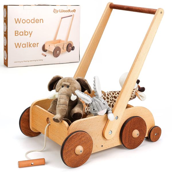 Woodtoe Wooden Baby Walker, Adjustable Speed Anti-Rollover Push Walker Toy for Babies Learning to Walk, Natural Wood Toddler Push and Pull Toys Wagon Birthday Toy for Boy Girl 1-3(Patent Protection)