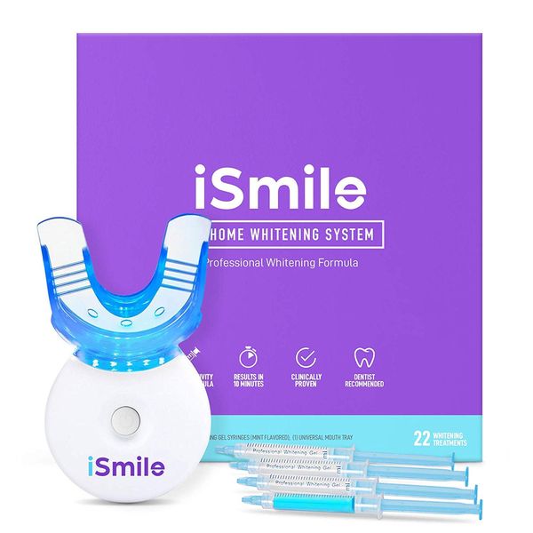 iSmile Teeth Whitening Kit - LED Light, 35% Carbamide Peroxide, (3) 3ml Gel Syringes, (1) Remineralization Gel, and Tray.