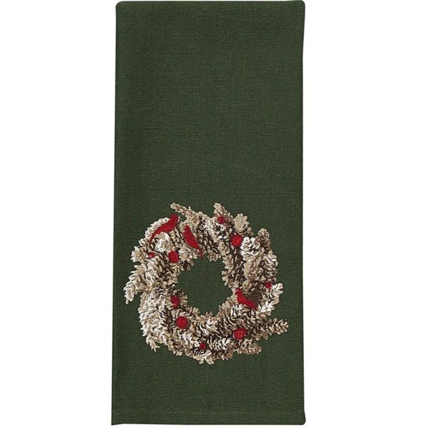 Pinecone Wreath Embroidered Dish Towel Pine Cone Red Bird