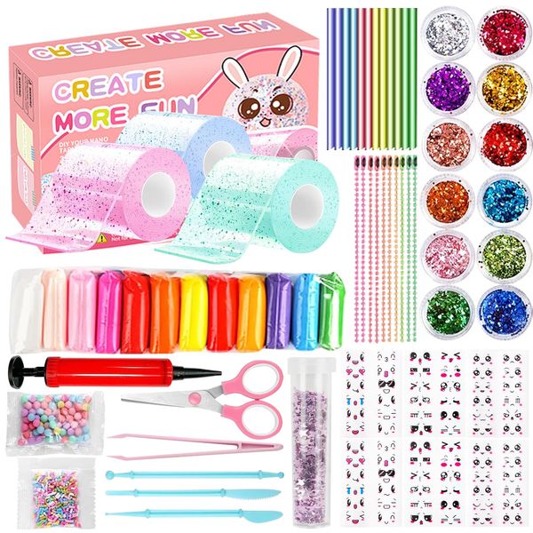 62 Pcs Double Sided Tape Bubble Kit, Elastic Adhesive Tape Bubbles, Handmade DIY Anxiety Relief Stress Balls Toys for Boys Girls, Kids Crafts Party Favors with Glitter Decorative Supplies