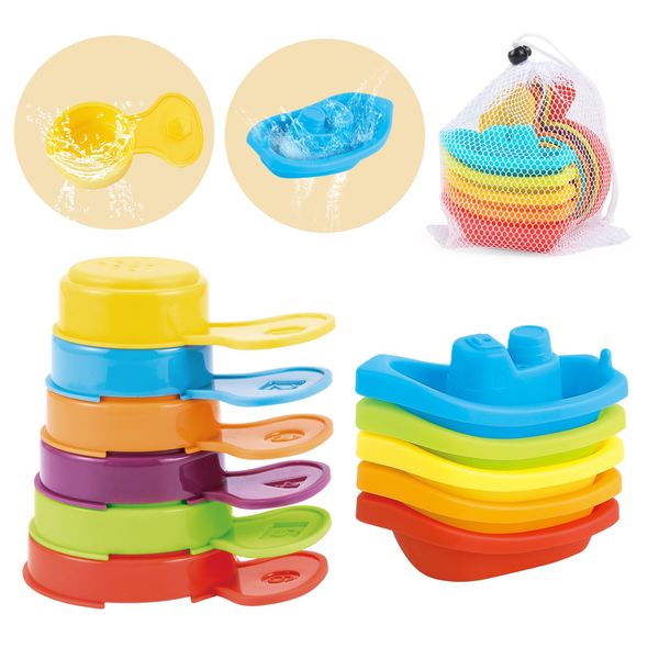 Mold Free Bath Toys for Toddlers 1-3, 11PCS Rainbow Floating Boats with Bathing Spoon & Mesh Bag Storage, Water Table Toys for Infants 6-12 Months, Stacking Pool Beach Toys Idea Gift for Boys Girls