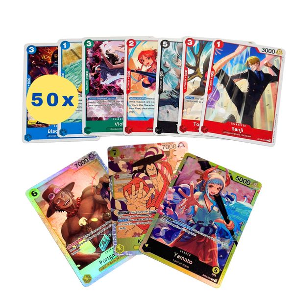 50 One Piece Karten - Englisch - Plus 3 Seltene (Holo) garantiert + Heartforcards® Versandschutz