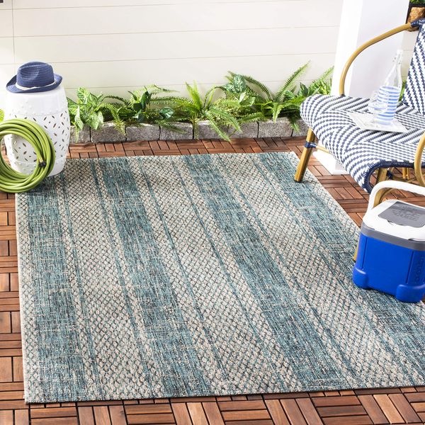 SAFAVIEH Courtyard Collection 4' Square Light Grey / Teal CY8736 Indoor/ Outdoor Waterproof Easy--Cleaning Patio Backyard Mudroom Accent--Rug