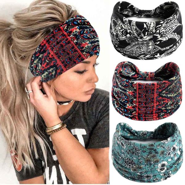 Fashband Boho Wide Headbands Black Flower Hairband Yoga Elastic Head Wrap Knotted Hair Accessories for Women and Girls (Pack of 3)