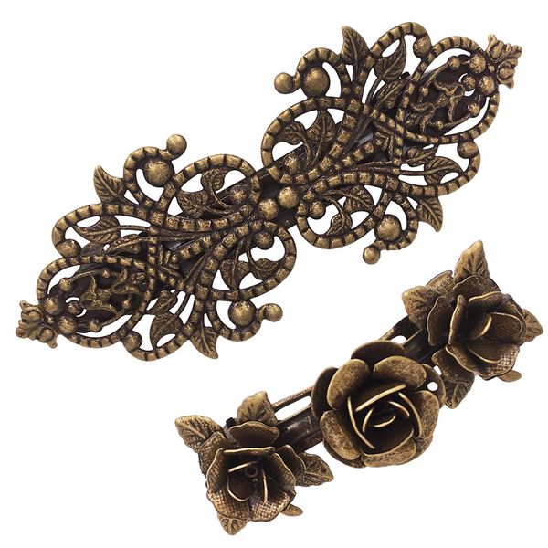 2PCS Retro Vintage Metal French Barrette Clip Hair Clasp Roses Bronze Accessories