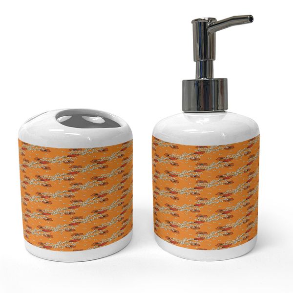 Ambesonne Floral Soap Dispenser & Toothbrush Holder Set, Petals of Autumn Season Fall Flourishing Nature Motif Essence Print, Ceramic Bathroom Toiletry Accessories, 2 Pcs, Dark Orange Red and White