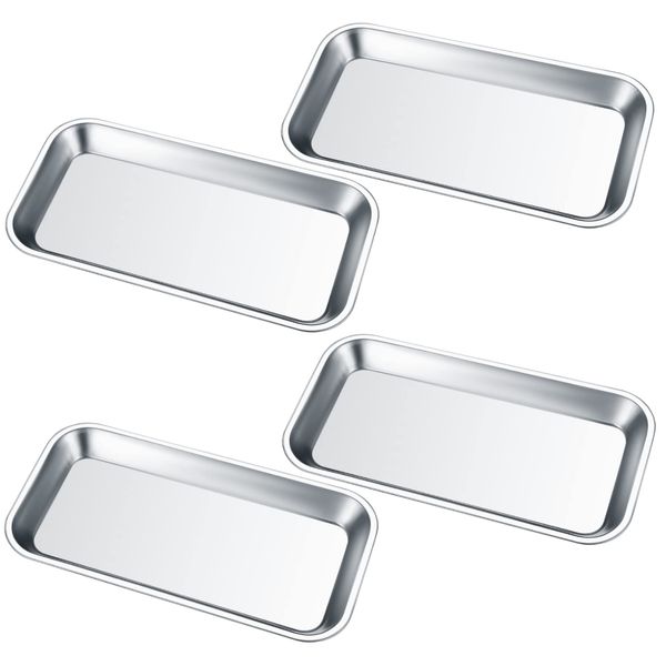 4 Pcs Small Instrument Tray, Stainless Steel Rectangular Laboratory Supplies Tray for Dental Lab Tool Instrument, Bathroom Organizer, Tattoo Tool Trays