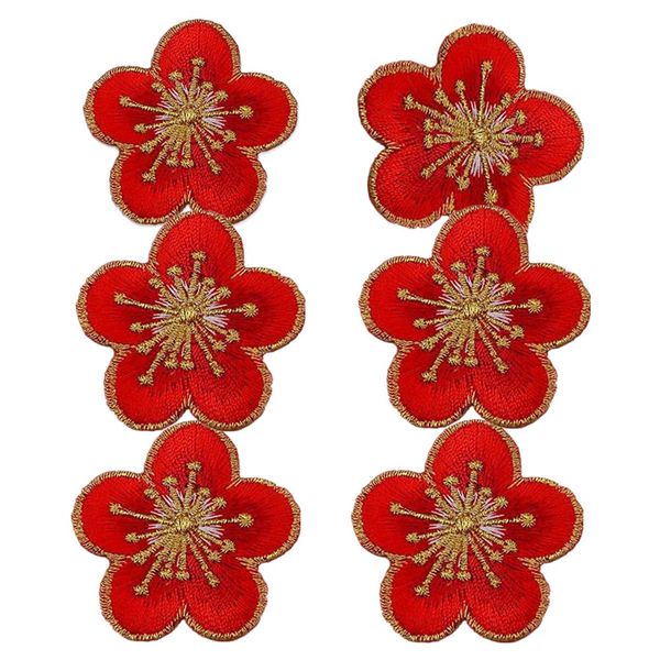 6pcs Small Plum Iron on Patches Flower with Gold Trimming Decorative Embroidered Fabric Applique for Jewellery Making Outfit Garment Embellishment(Red)