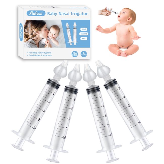 Aufisi Nasenspritze Baby, 4 Stück Nasenspüler Wiederverwendbare, Nasendusche Kinder 10ml Tragbares, Nasenspülung mit Silikon Nasensaugspitze, Hochwertigen Nasenspülset Sicherer und Komfortabel