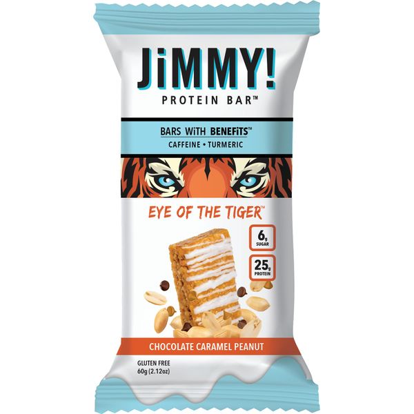 JiMMY! Protein Bar, Caramel Chocolate Nut, Eye of the Tiger, 12 Count - High Performance Energy Bar with Caffeine and Turmeric, Low Sugar, 25g of Protein, High Protein