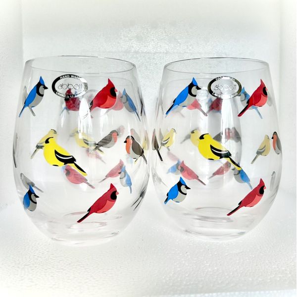 4 Abbot Stemless Wine Glasses Multicolor Cardinal Birds, 11 oz.