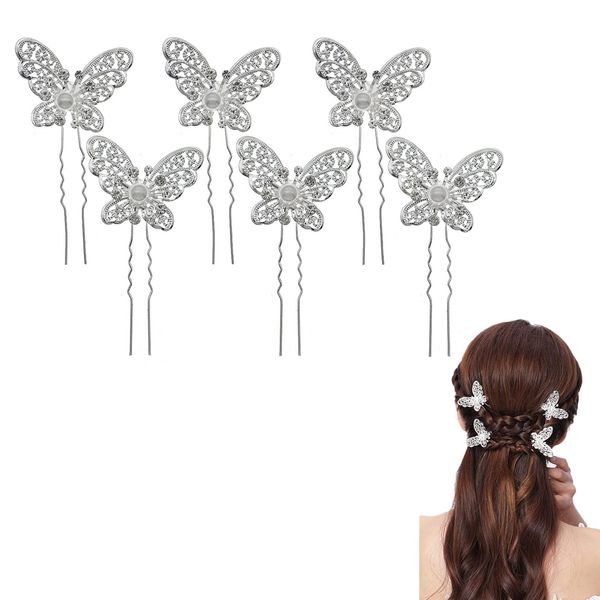 Doyime Hairpin Pearl Pin (Set of 6) Butterfly Pearl U Pin Hair Ornament Wedding Kimono Coming-of-Age Ceremony Graduation Ceremony Kimono Bride Everyday Use Hair Accessory Silver