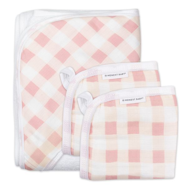 HonestBaby 3-Piece Organic Cotton Hooded Towel & Washcloth Set, Peach Skin Painted Buffalo Check, One Size