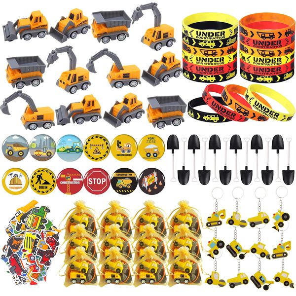 122 PCS Construction Party Favors Construction Theme Party Supplies Mini Construction Vehicles Rubber Bracelet Keychains Truck Button Pin Bags for Kids Birthday Party Favors Goodie Bag Fillers