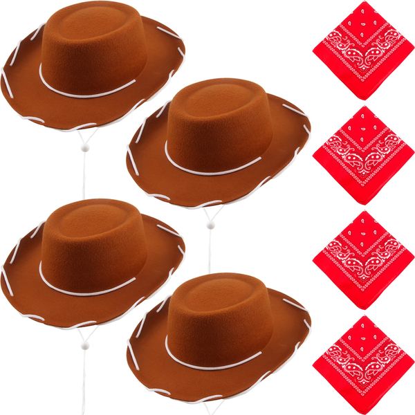 SGBETTER 4 Pack Kids Cowboy Hat with 4 pieces Bandana Set Felt Cowboy Hat for Boys Grils Western Theme Birthday Party Costume Dress up (Brown)