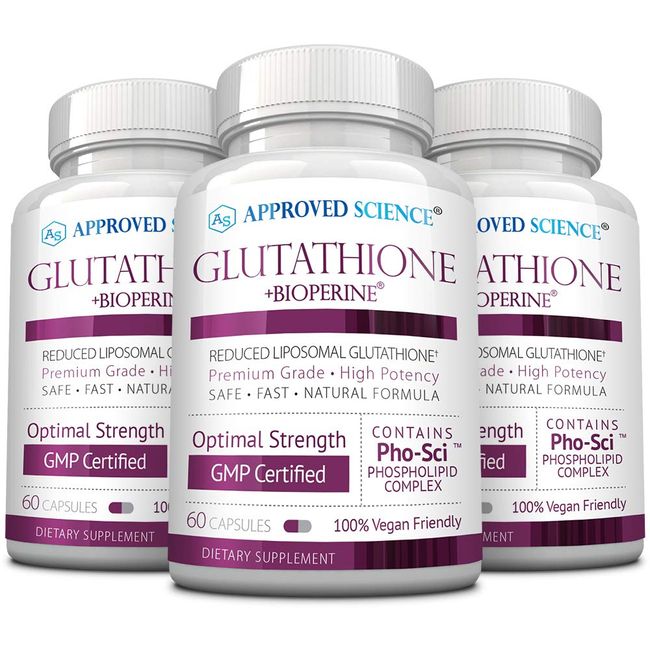 Approved Science® Glutathione - Glutathione 500 mg - Phospholipid Complex, Vitamin C, Bioperine - Top Antioxidant to Help Neutralize Free Radical - Vegan Friendly - 60 Capsules per Bottle - 3 Bottles