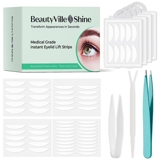 BeautyVille Shine Eyelid Tape - 400 Count of Double Eyelid Lifter Strips for a Dramatic, Surgery-Free Instant Eye Lift, Suitable for Uneven or Monolids, Say Goodbye to Hooded, Droopy Lids