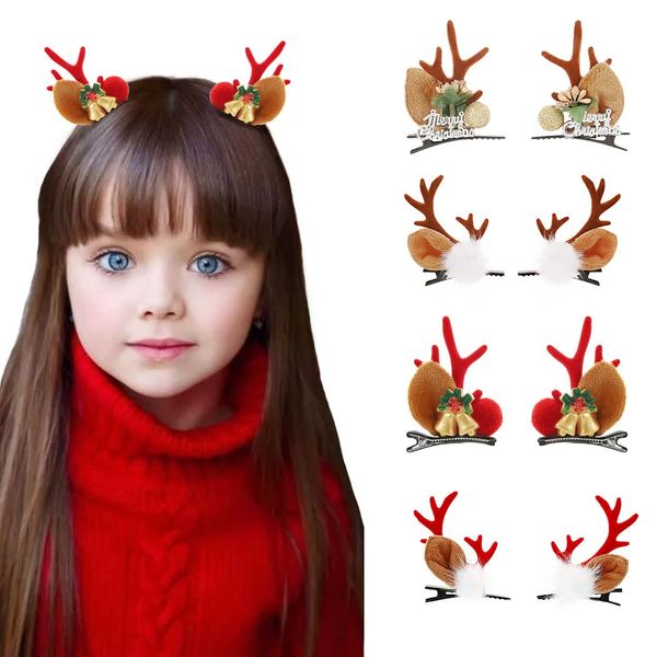 IYOU Christmas Hair Clips Set Red Reindeer Antler Hair Piece Long Deer Ears Festival Cosplay Party Hairpins Hair Accessories for Women and Girls(Pack of 4)