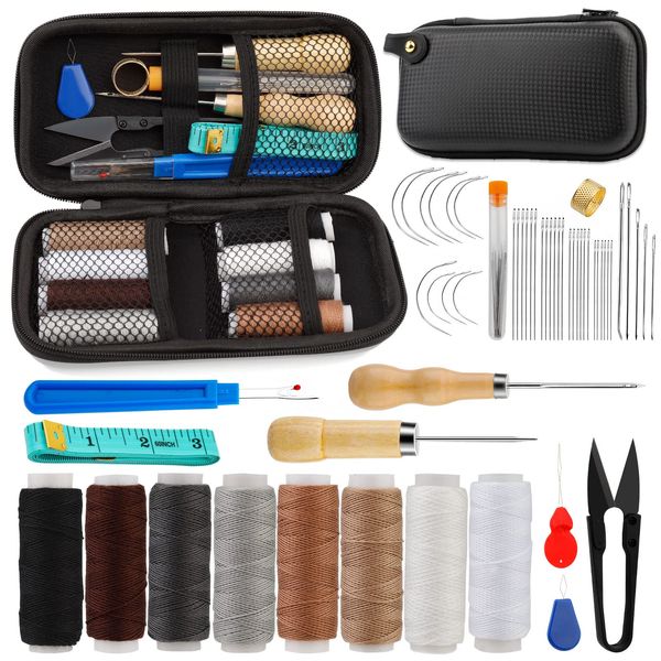 54PCS Leather Sewing Kit, Leather Tool Kit, Upholstery Repair Kit with Sewing Awl, Sewing Thread, Seam Ripper, Tape Measure, Scissors, Leather Tool Kit for Beginners Professionals Leather Craft DIY