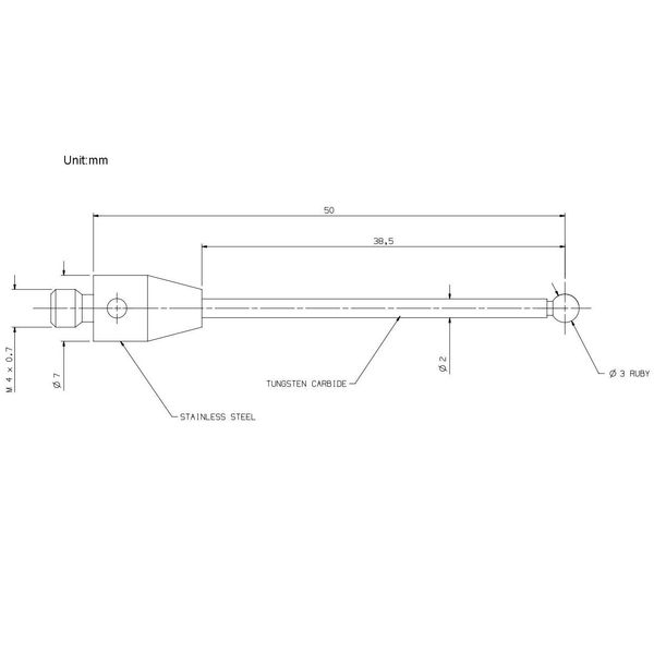 Tastereinsätze für taktile Messtaster,Gewinde M4, Rubinkugel Ø3mm, Hartmetallschaft, Länge 50 mm A-5003-3680