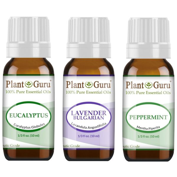 Essential Oil Set 3 - 10 ml. 100% Pure Natural Lavender Peppermint Eucalyptus