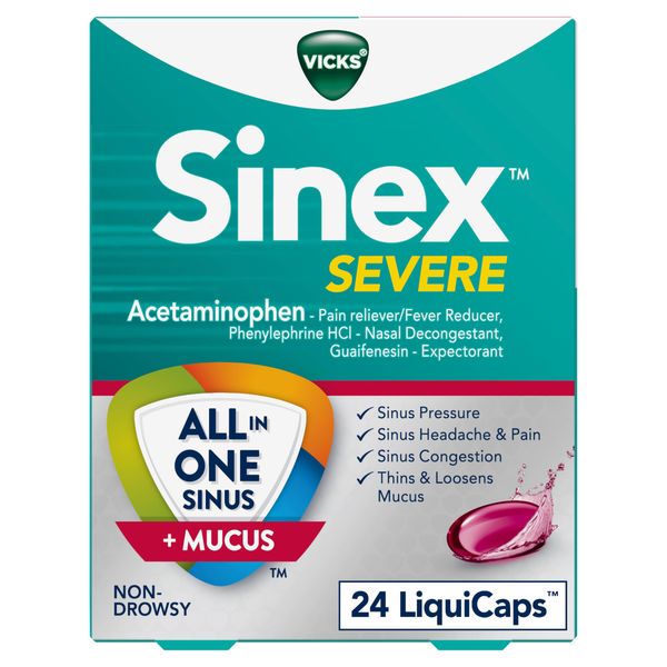 Vicks Sinex SEVERE, All-In-One Sinus + Mucus Relief, Non-Drowsy, Loosens Mucus, Maximum Strength Relief of Pain, Pressure, Congestion, & Headache Relief, 24 LiquiCaps