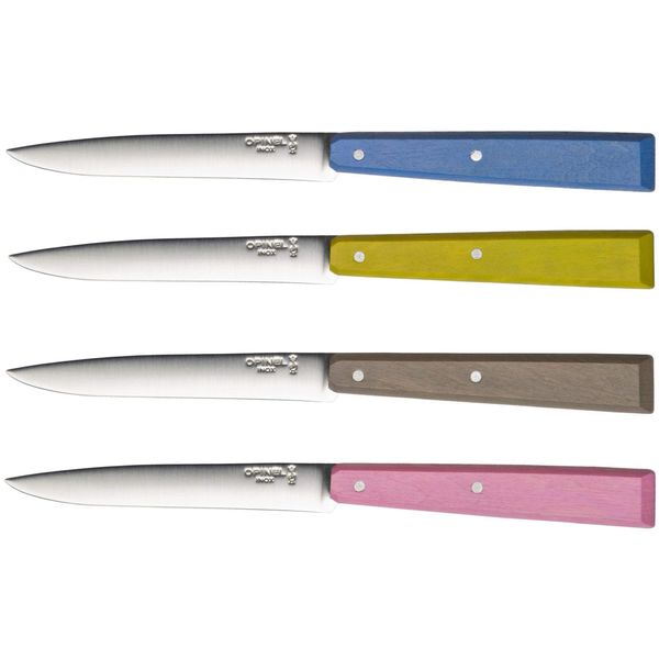OPINEL – Table Set No. 125 Bon Appétit Countryside – 4 Table Knives – Table Steak Knives – Stainless Steel Blade 11 cm and Wooden Handle – Azur, Linden, Grey & Pink