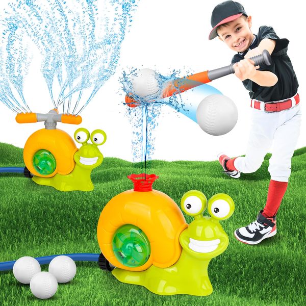 LELETAM 2 in 1 Snail Water Sprinkler Baseball Toy for Kids Outdoor Play, Summer Water Game Attaches to Garden Hose, Summer Outside Toys Lawn Backyard Game Pool Party for Kids Age 4 5 6 7 8 9, 12 Gift