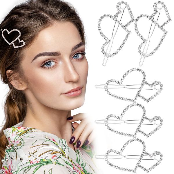 HINZIC 5pcs Rhinestones Hollow Heart Boho Hair Clips Barrette Bling Crystal Love Hair Pins Decorative Headdress Accessories for Women Girls Bride Party Prom Valentine(Silver)