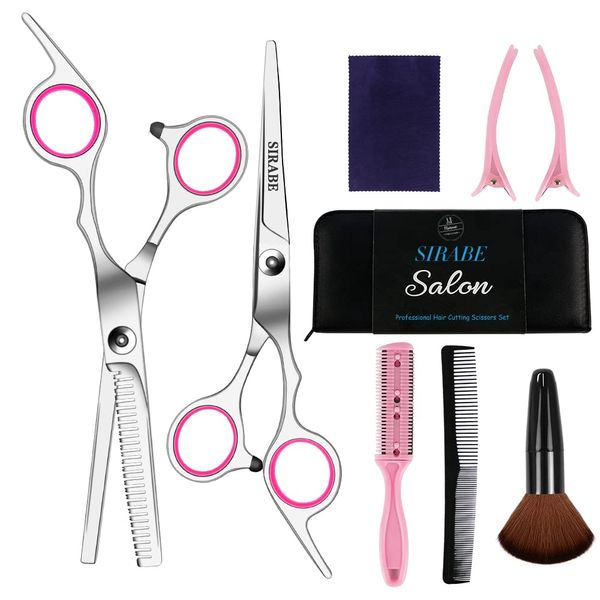 Sirabe 9 Pcs Hair Cutting Scissors Set Hairdressing Scissors Kit,Thinning Scissor,Neck Duster,Hair Comb,Leather Scissors Case,Professional Barber Salon Home Shear Kit for Men Women Pet