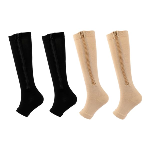 2 Pairs Compression Socks, Plantar Fasciitis Socks Arch Support Foot Socks, Knee High Open Toe Support Graduated Medical Varicose Veins Hosiery Stockings for Edema, Swollen, Pregnancy, Recovery