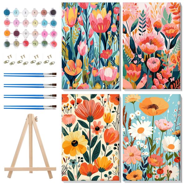 MISCER 4 Pack Paint by Numbers for Adults Beginner,Flowers Paint by Number Kits with Easel, DIY Acrylic Oil Painting Suitable for Home Decoration (8 * 12 Inch)