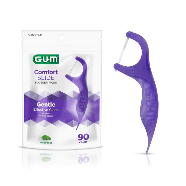 GUM Comfort Slide Floss Picks - Perfect for Tight Teeth - Extra Strong Shred-Resistant Dental Floss, Easy Grip Handle - Dental Flossers for Adults - Fresh Mint Flavor, 90 Count