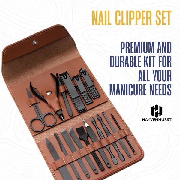 Nail Kit - Nail Clipper Set - Manicure Set - 15 Stainless Steel Pieces Manicure Kit For Men’s - Pedicure Kit With Nail Clippers For Men - Mens Grooming Kit With Luxurious Brown Leather portable Travel Case by Hayvenhurst