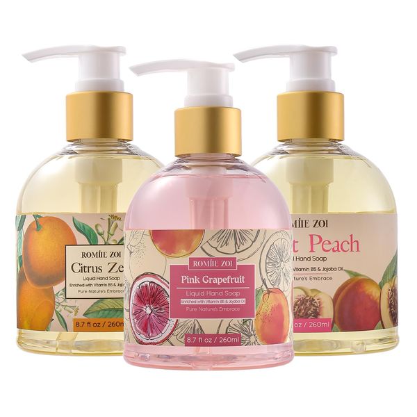 ROMIIE ZOI Liquid Hand Soap with Gift Box - 260ml/ 8.7 fl.oz - Variety Pack of 3 (Sweet Peach,Citrus Zest,Grapefruit)