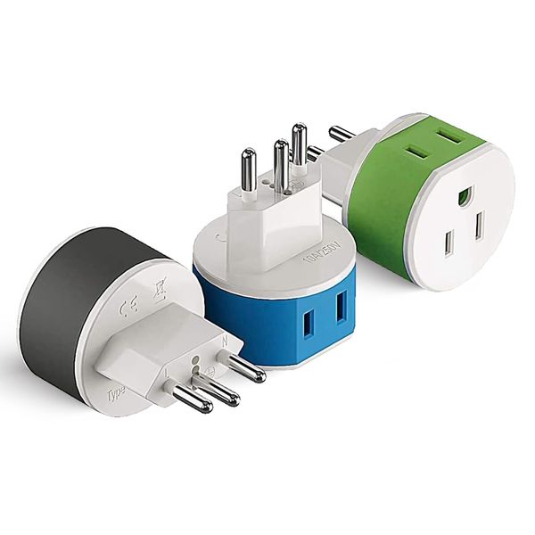 OREI Switzerland Travel Plug Adapter - 2 USA Inputs - 3 Pack - Type J