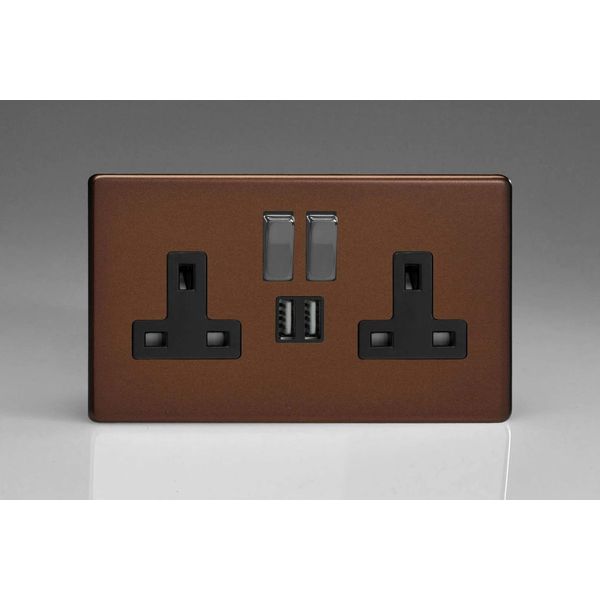 Flat Plate Screwless Mocha 2 Gang 13 Amp Socket + 2x USB Charging Port - Black Inserts