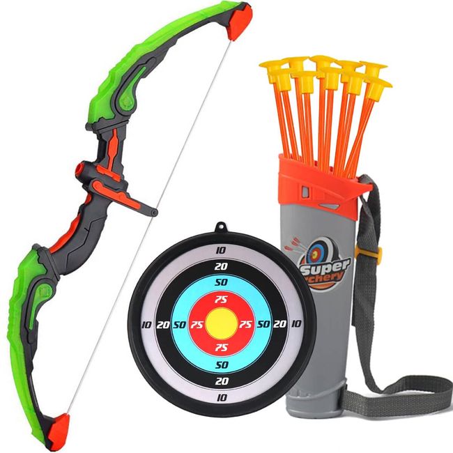 AUVIM Bogenschießen Set Pfeil und Bogen Set für Kinder mit LED Blitzlichtern 1x Zielscheibe 10x Saugnapfpfeile 1x Pfeilhalter Spielzeugbogen Set für Jungen und Mädchen ab 6 Jahren Outdoor Indoor Spiel