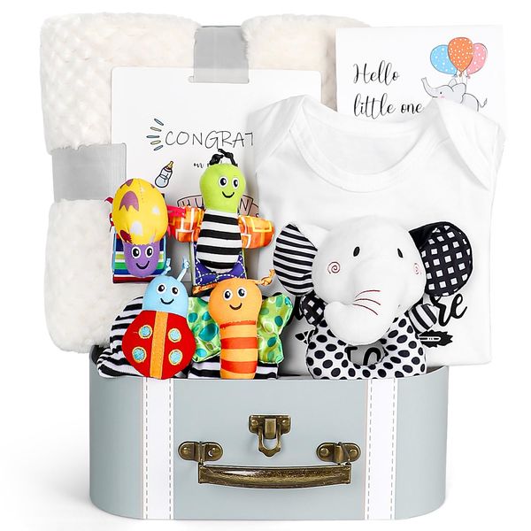 iAOVUEBY Baby Gift Set, Baby Shower Gifts, Black and White High Contrast Baby Toys 0-6 Months for Newborn Essentials Infant Rattle Socks Elephant Toys Blanket Onesies Baby Gift Basket for Girls Boys