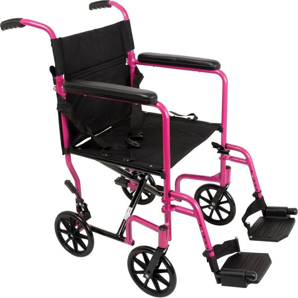 Compass Health ProBasics Aluminum Transport Wheelchair, 19-inch, Pink