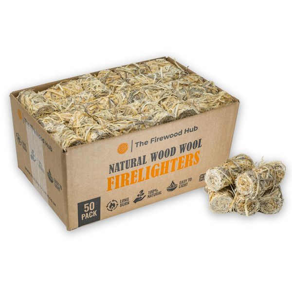 50 - XL Wood Wool Firelighters for Safe, Clean, and Odorless Ignition of Wood and Log Burners, BBQs, Pizza Ovens, and More - The Perfect Fire Starter For Any Occasion (50)